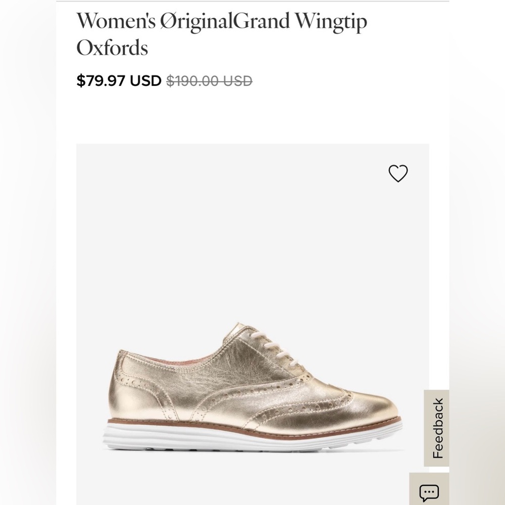 Cole Haan Metallic Gold OriginalGrand Wingtip Oxfords Flats Brogues